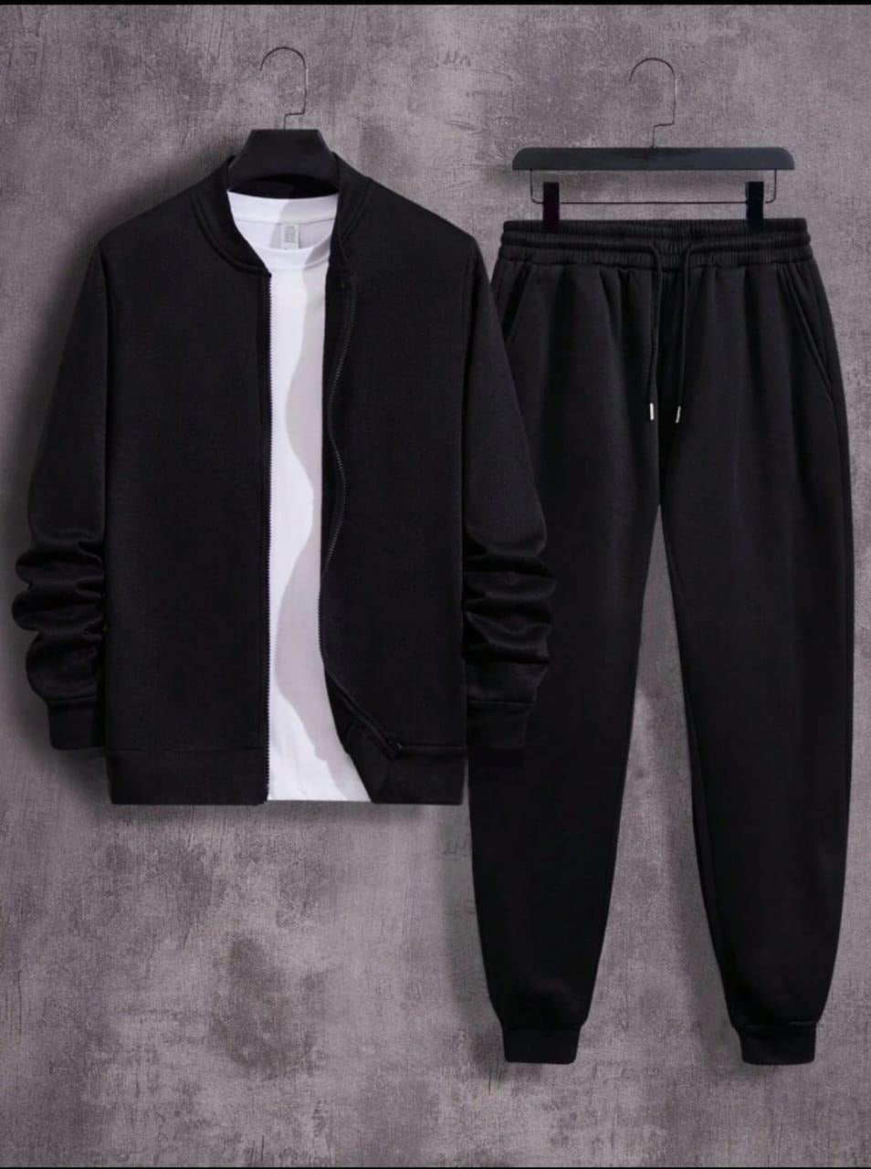 Men's Fleece Zipper Track Suit - 2 Pcs in Black